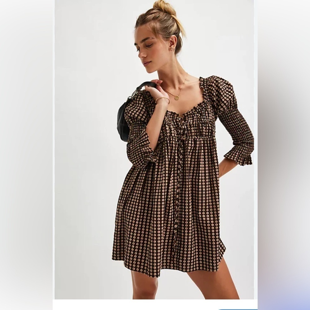 NEW Free People Star Dip Mini Ruched Sleeve Dress Black Brown Size L MSRP $128